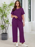 SHOWMALL 2 Piece Sets for Women Plus Casual Travel Vacation Outfits Short Sleeve Pleated Tops and Wide Leg Pants with Pockets Lounge Sets