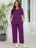 SHOWMALL 2 Piece Sets for Women Plus Casual Travel Vacation Outfits Short Sleeve Pleated Tops and Wide Leg Pants with Pockets Lounge Sets