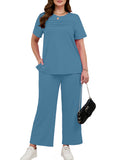 SHOWMALL 2 Piece Sets for Women Plus Casual Travel Vacation Outfits Short Sleeve Pleated Tops and Wide Leg Pants with Pockets Lounge Sets