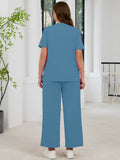 SHOWMALL 2 Piece Sets for Women Plus Casual Travel Vacation Outfits Short Sleeve Pleated Tops and Wide Leg Pants with Pockets Lounge Sets