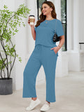 SHOWMALL 2 Piece Sets for Women Plus Casual Travel Vacation Outfits Short Sleeve Pleated Tops and Wide Leg Pants with Pockets Lounge Sets