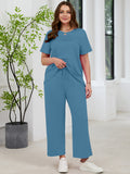 SHOWMALL 2 Piece Sets for Women Plus Casual Travel Vacation Outfits Short Sleeve Pleated Tops and Wide Leg Pants with Pockets Lounge Sets