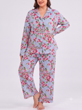 SHOWMALL Womens Plus Size 2 Piece Pajamas Sets, Long Sleeve Button Down Top and Long Pant with Pockets