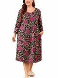 SHOWMALL Women's Plus Size Nightgown with Pockets Soft 3/4 Sleeve Pleated Crew Neck Sleep Dress Loose Lounge Sleepwear