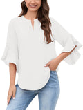 Chiclily Women Blouse 3/4 Sleeve Work Shirt Split Neck Tunic Top Office Wear
