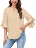 Chiclily Women Blouse 3/4 Sleeve Work Shirt Split Neck Tunic Top Office Wear