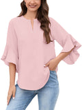 Chiclily Women Blouse 3/4 Sleeve Work Shirt Split Neck Tunic Top Office Wear