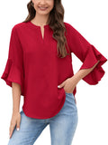 Chiclily Women Blouse 3/4 Sleeve Work Shirt Split Neck Tunic Top Office Wear