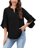 Chiclily Women Blouse 3/4 Sleeve Work Shirt Split Neck Tunic Top Office Wear