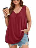 SHOWMALL Women's Plus Size Tank Top, V Neck Pleated Sleeveless Summer Beach Tops, Side Slit Casual Daily Tunic Layering Shirt for Work