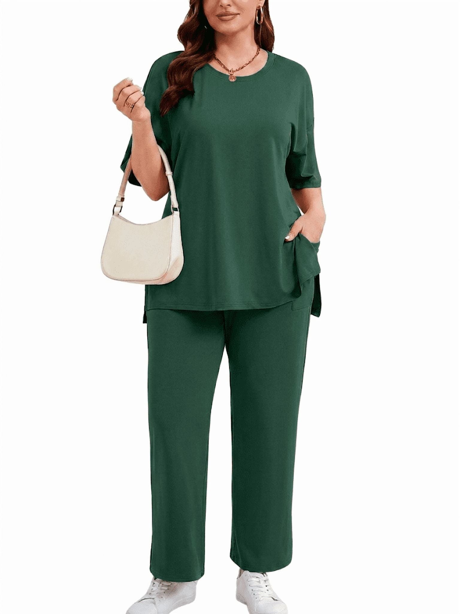SHOWMALL Women's Plus Size Summer Outfits 2 Piece Sets Lightweight Short Sleeve Top & Pants