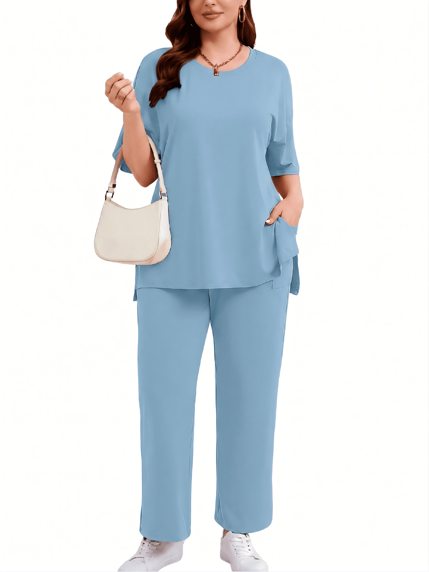 SHOWMALL Women's Plus Size Summer Outfits 2 Piece Sets Lightweight Short Sleeve Top & Pants