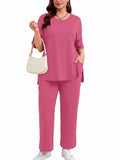 SHOWMALL Women's Plus Size Summer Outfits 2 Piece Sets Lightweight Short Sleeve Top & Pants