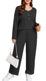 SHOWMALL Women's Plus Size 2 Piece Comfy Outfit Set – Long Sleeve Lounge Set Ribbed Knit Top and Pants, Perfect for Sleepwear or Daily Casual Wear