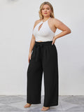 SHOWMALL Plus Size Women's Wide Leg Pants with Pockets High Waisted Adjustable Tie Knot