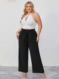 SHOWMALL Plus Size Women's Wide Leg Pants with Pockets High Waisted Adjustable Tie Knot