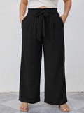 SHOWMALL Plus Size Women's Wide Leg Pants with Pockets High Waisted Adjustable Tie Knot