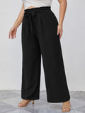 SHOWMALL Plus Size Women's Wide Leg Pants with Pockets High Waisted Adjustable Tie Knot