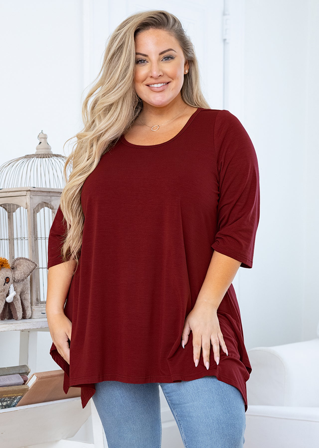 SHOWMALL Women's Plus Size 3/4 Sleeve Swing Tunic Top - Wine Red / 1X