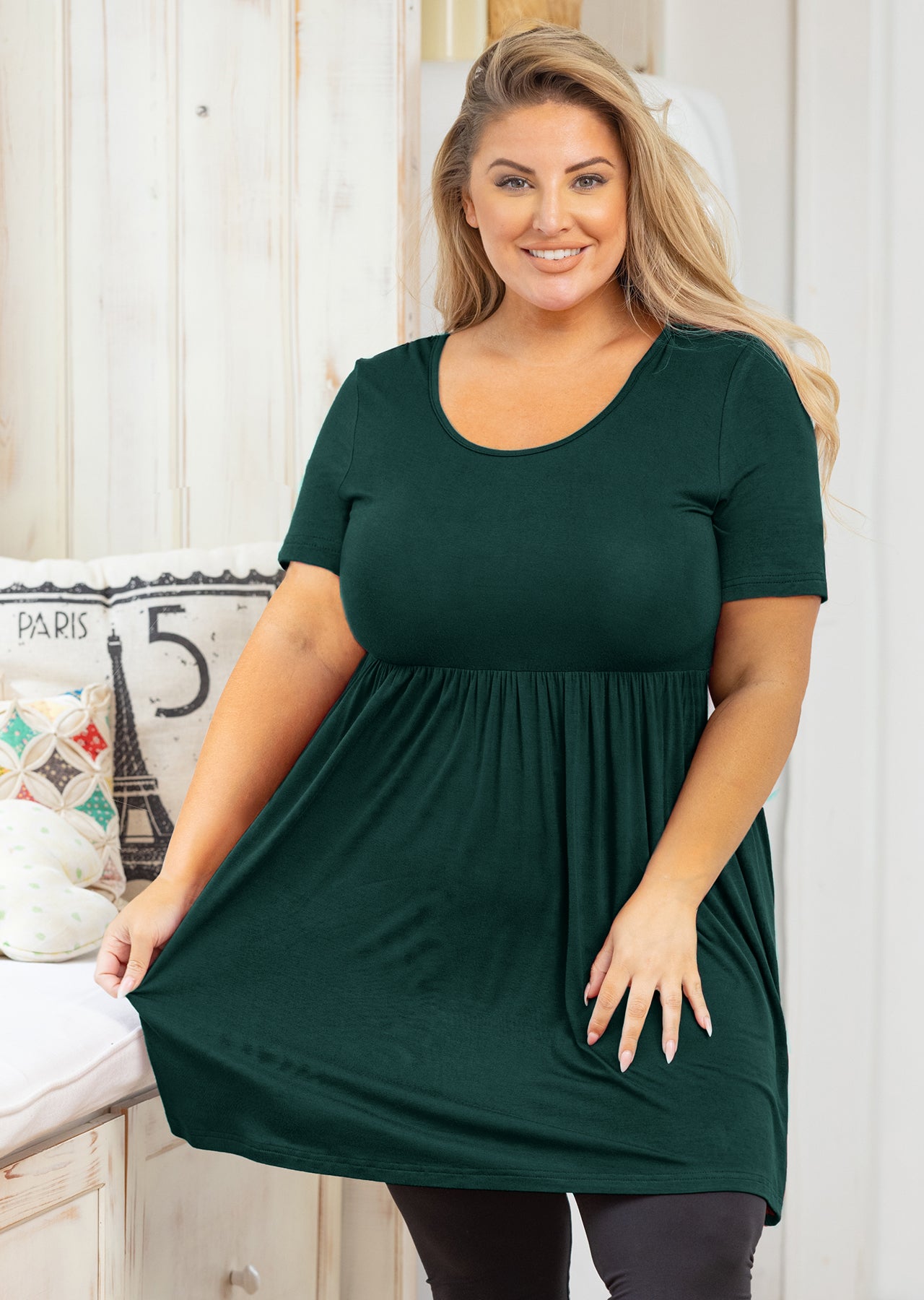 SHOWMALL Short Sleeve Pleated Flowy Loose Fit Babydoll Shirt - Dark Green /  1X