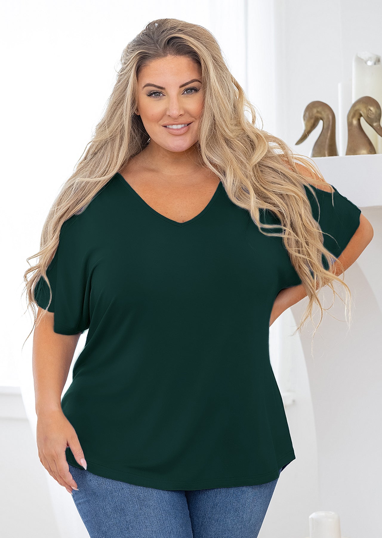 SHOWMALL Plus Size Tops for Women Cold Shoulder Clothes Gray Blue 4X Blouse  Short Sleeve Clothing V Neck Tunic Summer Shirts